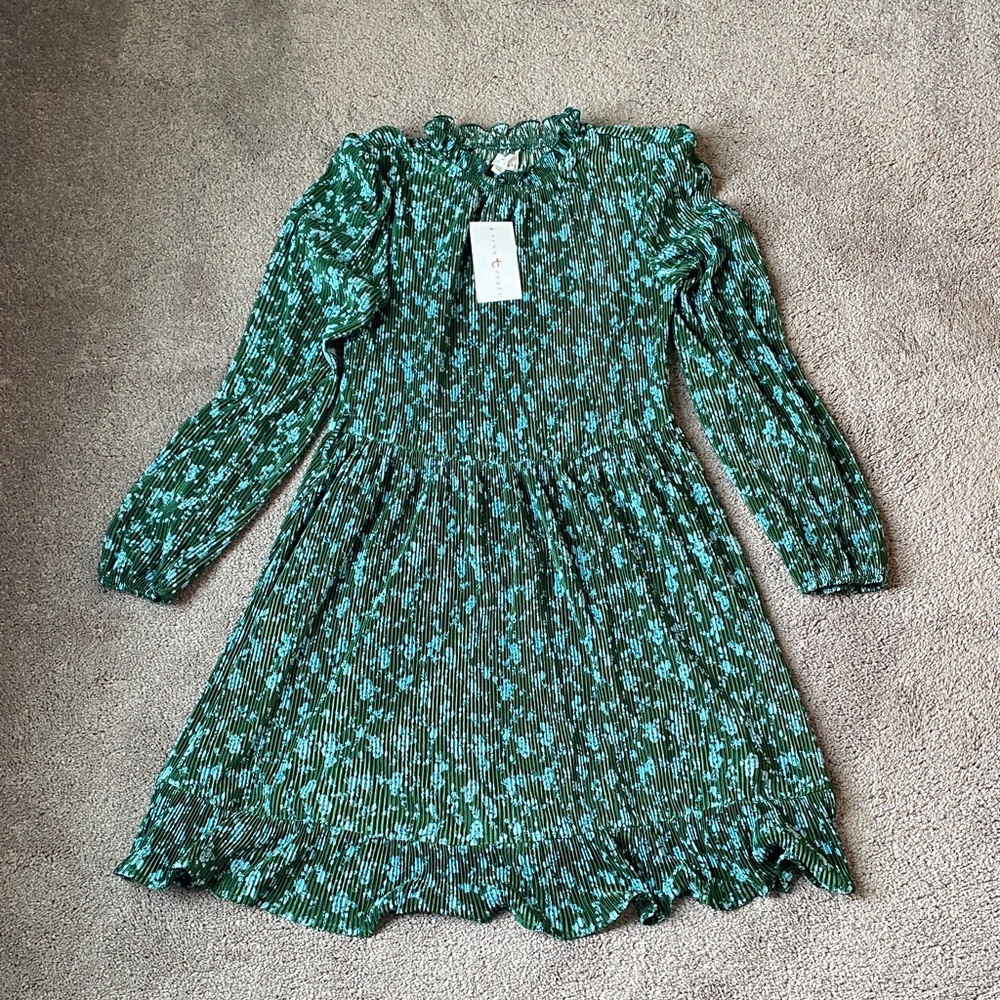 NWT True Craft Green Floral Smocked Mini Dress Long Sleeve Boho SIZE XS